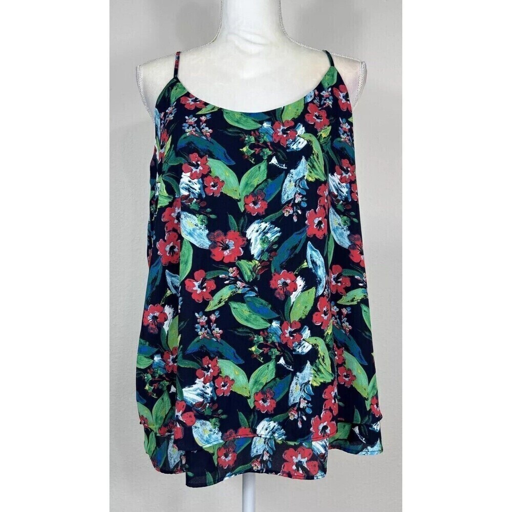 Zac & Rachel Floral Tank Top Size Large Navy Multicolor Sleeveless Blouse